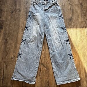 Blue Wide Leg Jeans with Bow Details